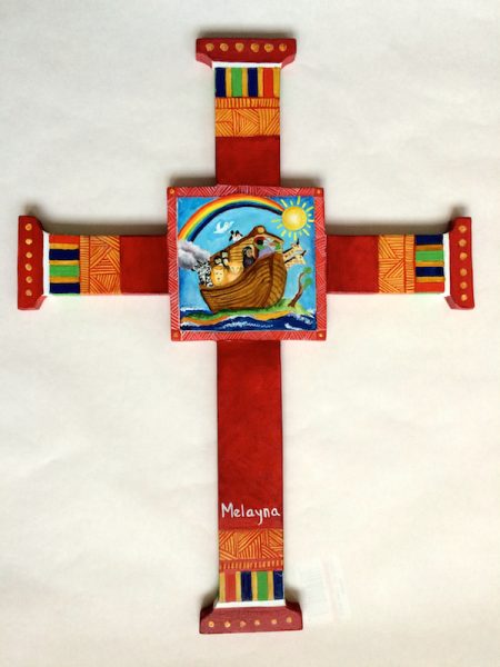 Cross, Christening cross, special commission, Noah's arc, hand painted, wooden