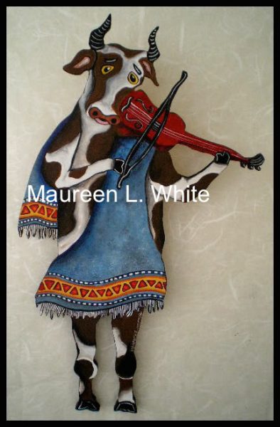 cow, moo, painting, musician,wood , acrylic, violin.,maureen l. white